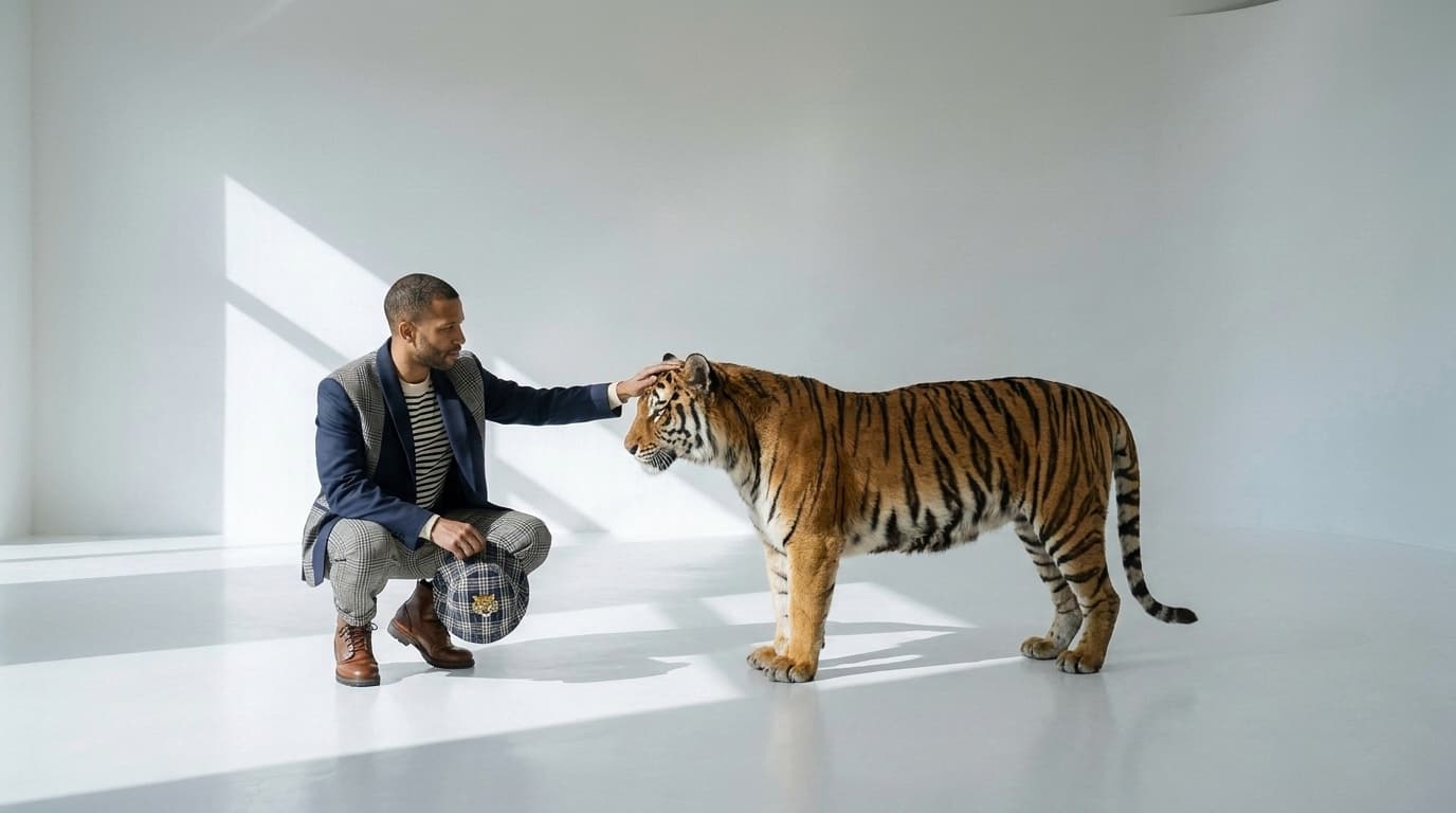 Man crouching with a check bucket hat on his knee, stroking a Bengal tiger, made with Nano Banana Pro