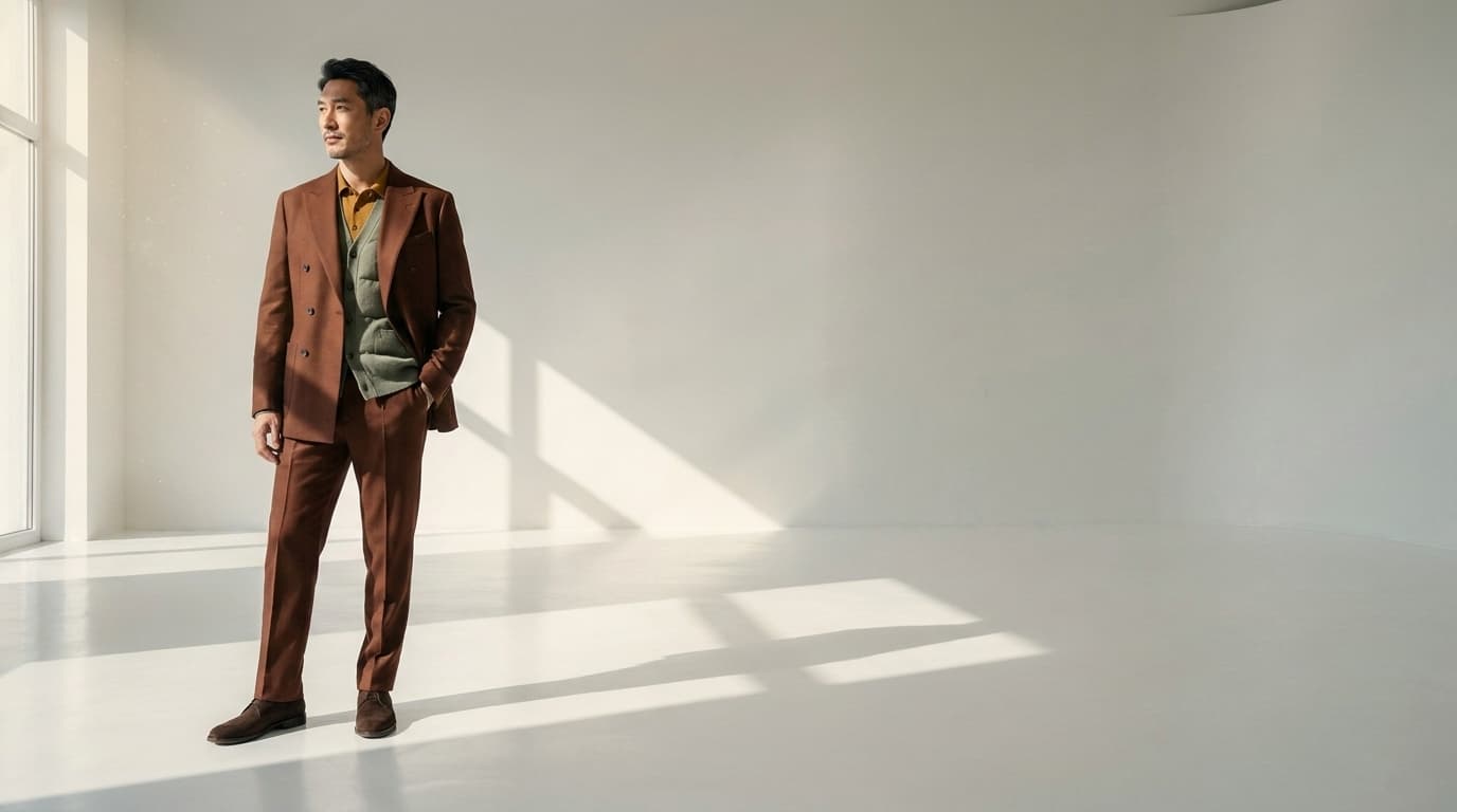 Man in a russet-brown double-breasted suit posing in a white studio, made with Nano Banana Pro
