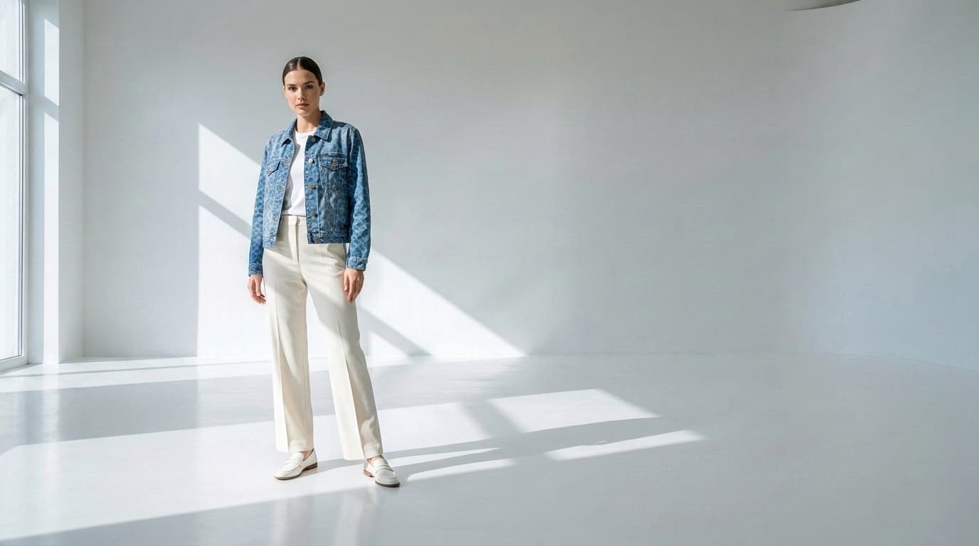 Woman in a monogram denim trucker jacket and off-white trousers in a white studio, made with Nano Banana Pro