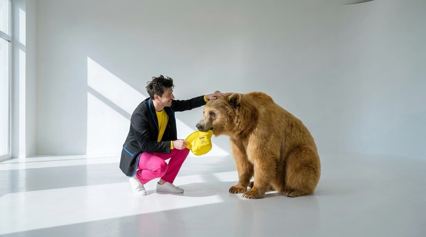 Brown bear handing a yellow bucket hat to a crouching man in yellow and pink, made with Nano Banana Pro