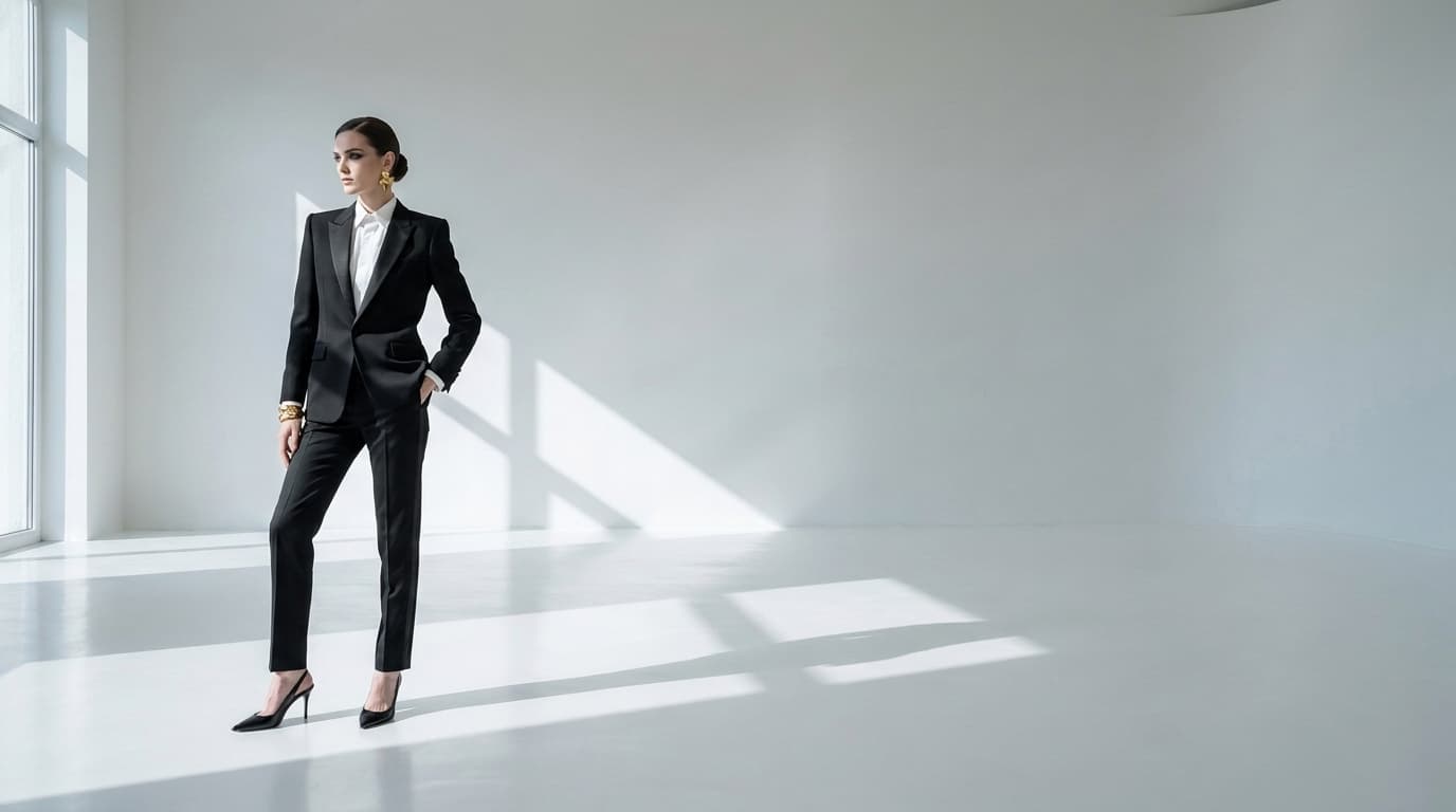 Woman in a black tuxedo with a hand on her hip posing in a white studio, made with Nano Banana Pro