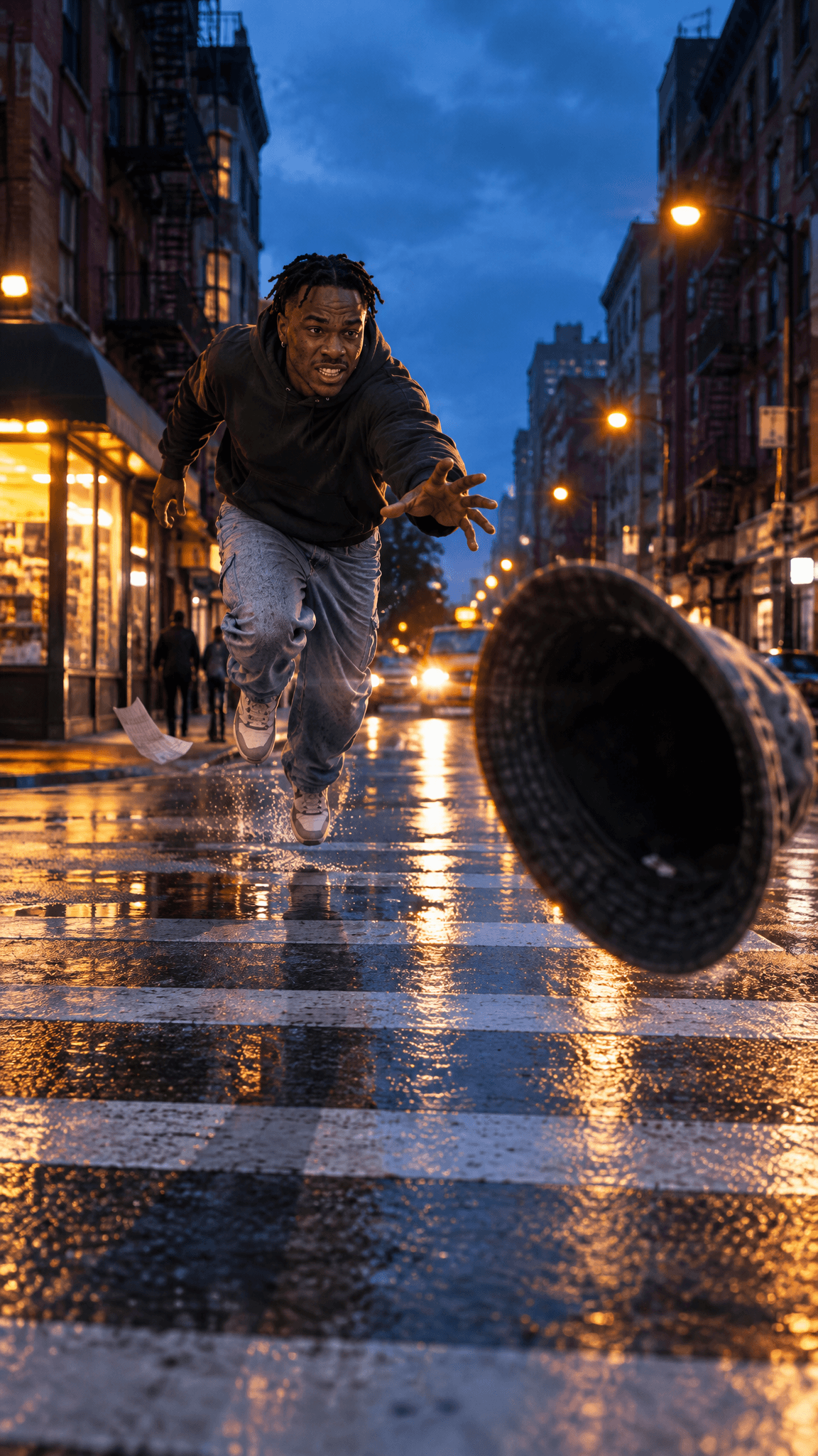 Man diving after a bucket hat on a rain wet street at blue hour, made with GPT Image 2.5 Flare