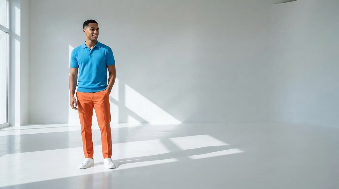 Man in a sky-blue polo and orange trousers standing in a white studio, made with Nano Banana Pro