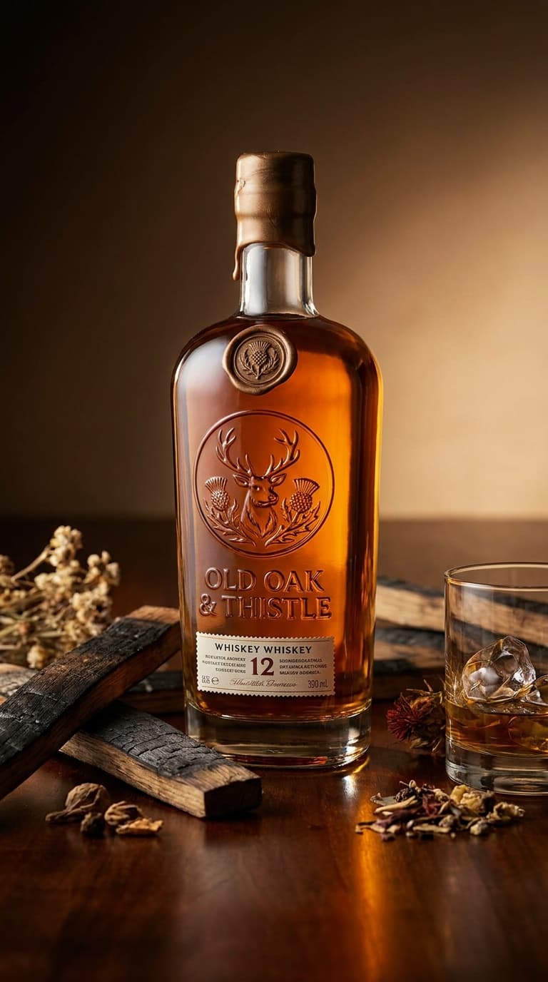 A whiskey bottle in a plain studio product shot, made with Nano Banana Pro