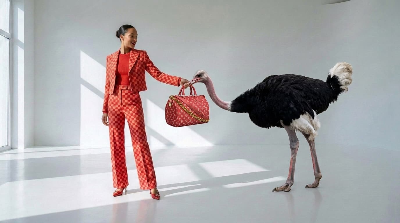 Ostrich handing a red monogram bag to a woman in a red checkerboard suit, made with Nano Banana Pro