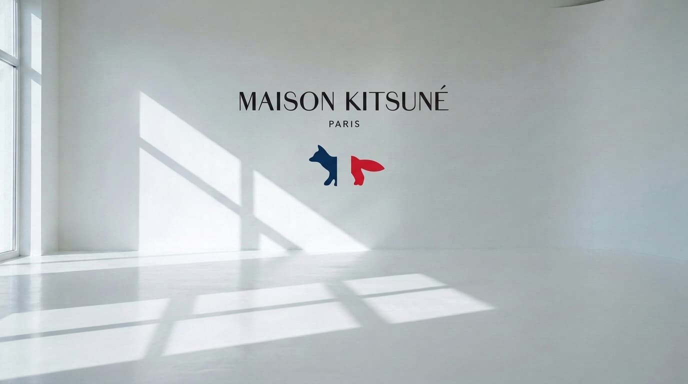 Wordmark logo with a navy and red fox on the wall of an empty white studio, made with Nano Banana Pro