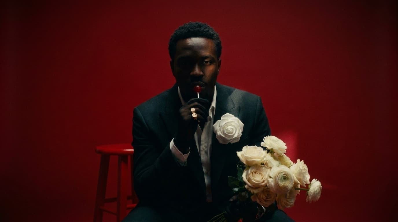 Man in a suit on a stool against a red wall, lollipop in mouth, white roses in hand, made with Nano Banana Pro