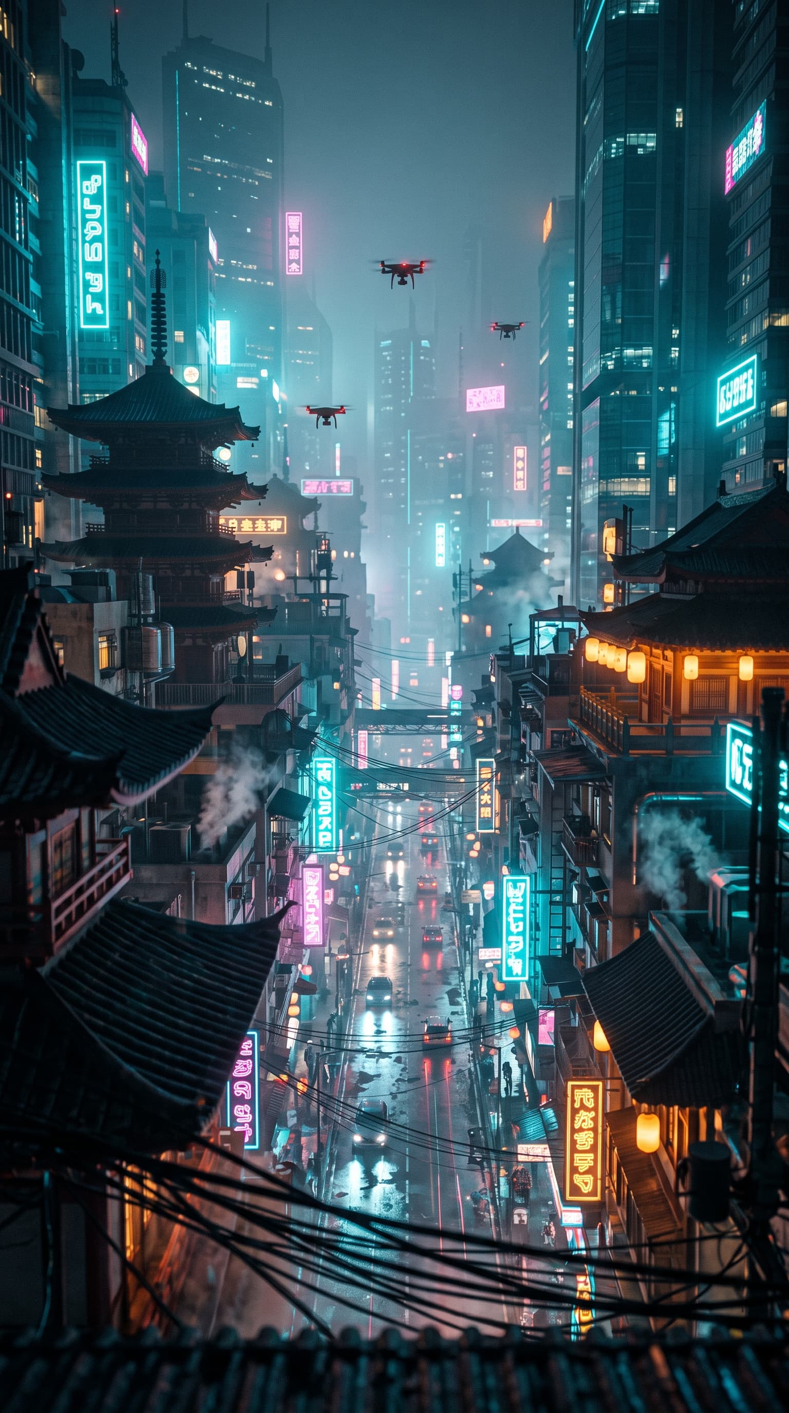 Dense neon city at night seen from above with pagodas, drones and a wet street, made with gemini