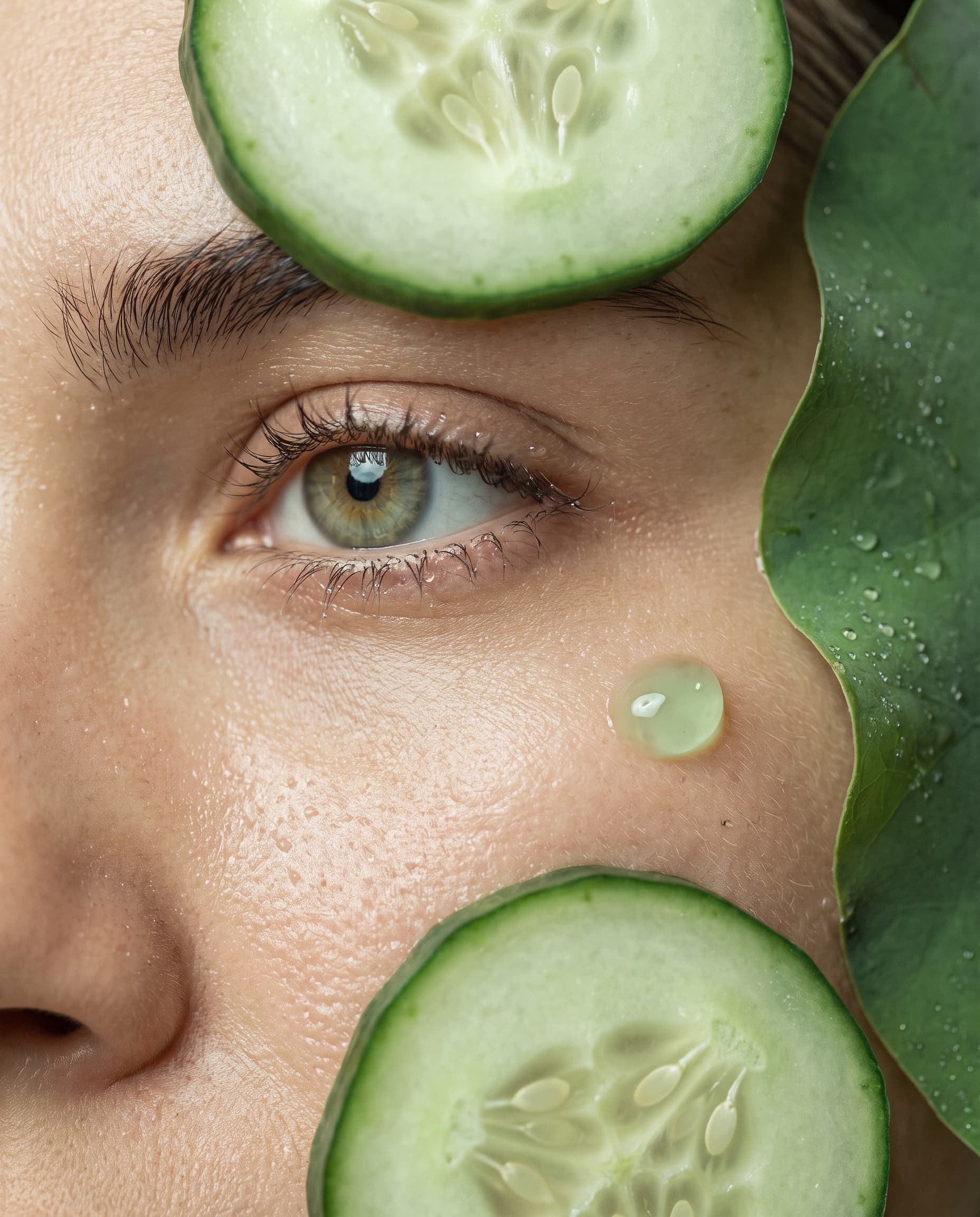 Extreme close-up of a hazel eye between two cucumber slices with a bead of green gel on the cheek, made with Nano Banana Pro