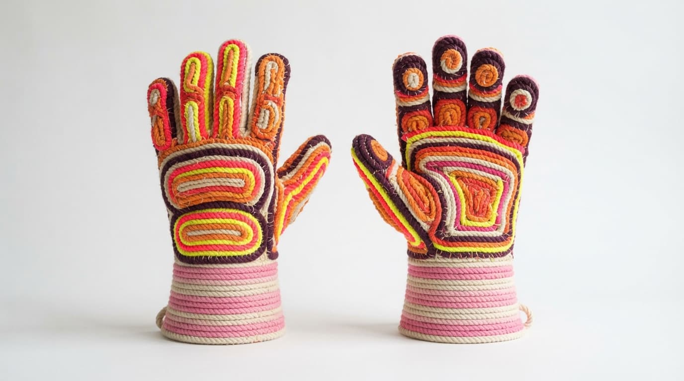Pair of work gloves covered in coiled cord in red, yellow, orange and plum, made with Nano Banana 2 Lite