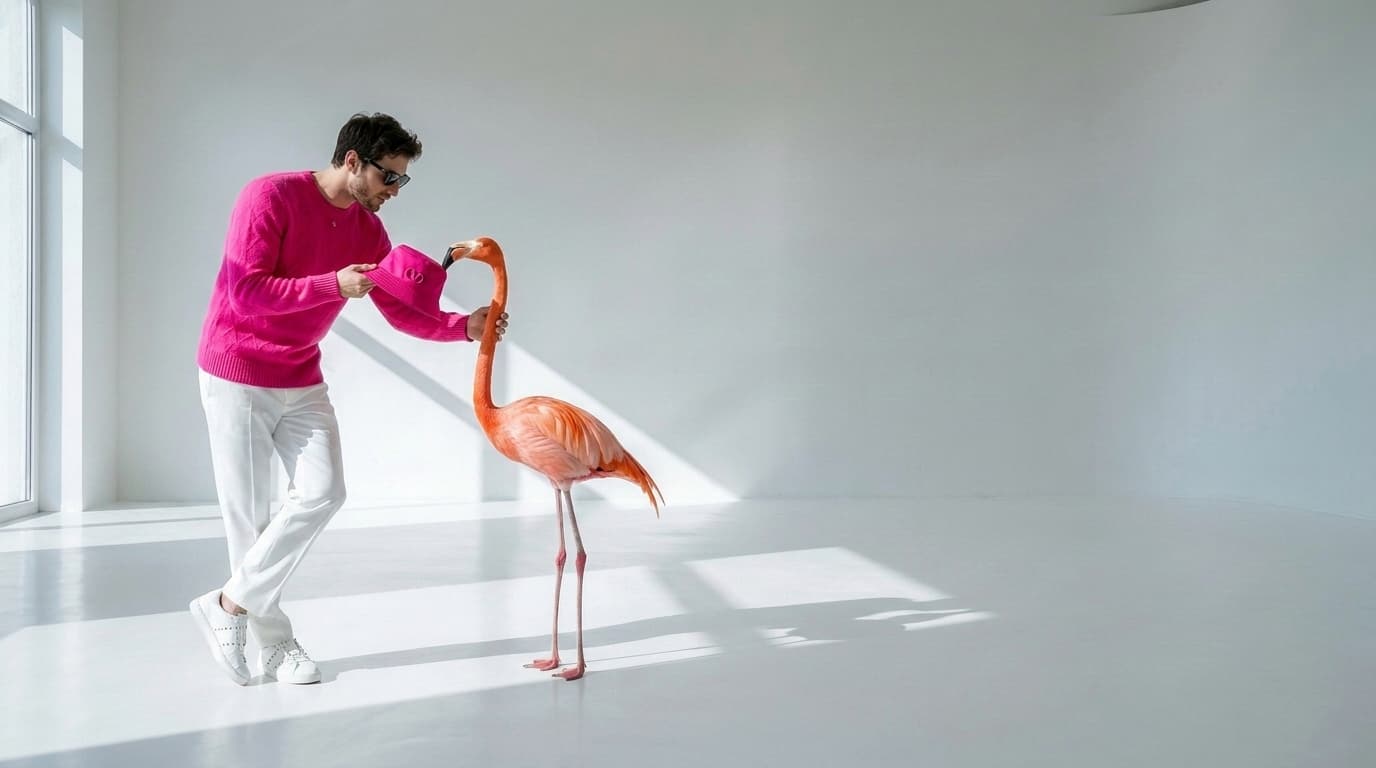 Medium shot of a flamingo handing a pink bucket hat to a man in a pink sweater, made with Nano Banana Pro