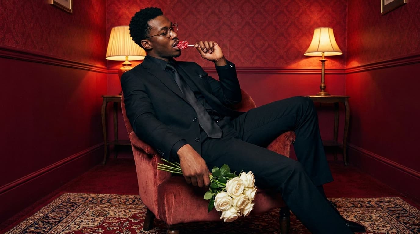 Man in a black suit on a velvet armchair in a red room with two lamps and a patterned rug, made with Nano Banana Pro