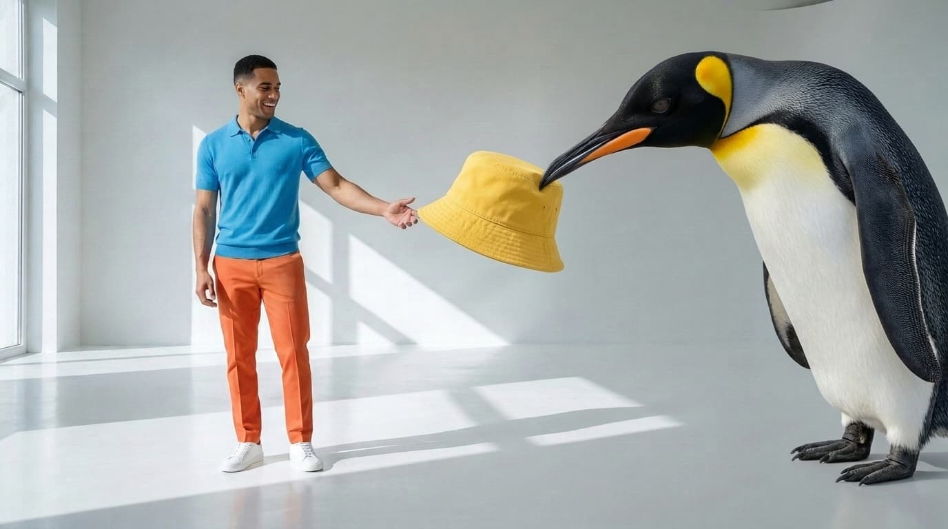 Rejected pass with an oversized emperor penguin holding a yellow hat out to the man, made with Nano Banana Pro