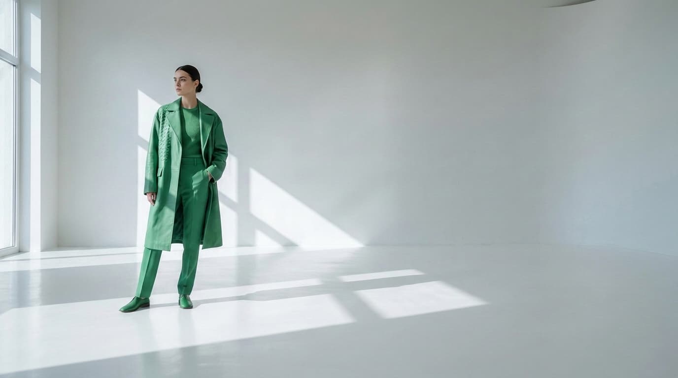 Woman in a green leather coat, green knit and green trousers posing in a white studio, made with Nano Banana Pro
