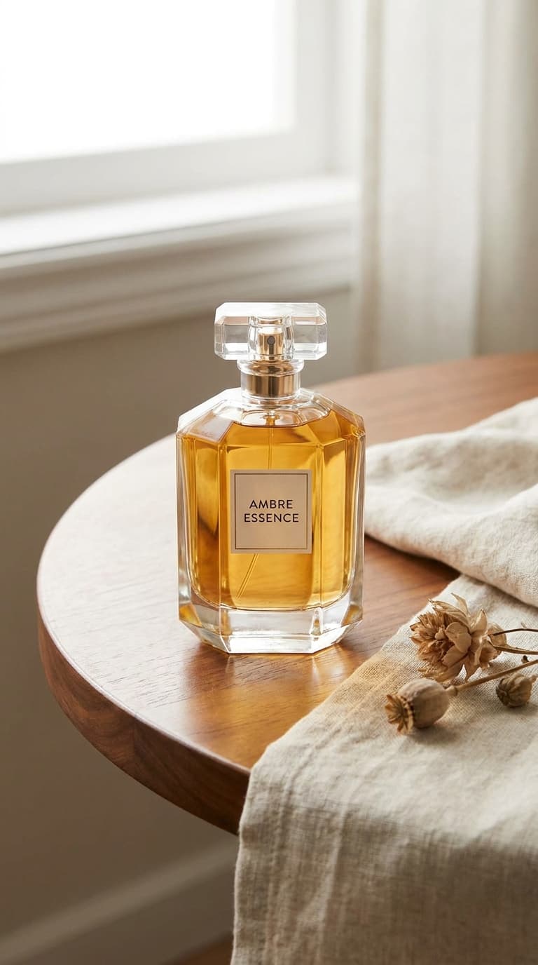 A plain glass perfume bottle with amber liquid on a table, made with Nano Banana Pro