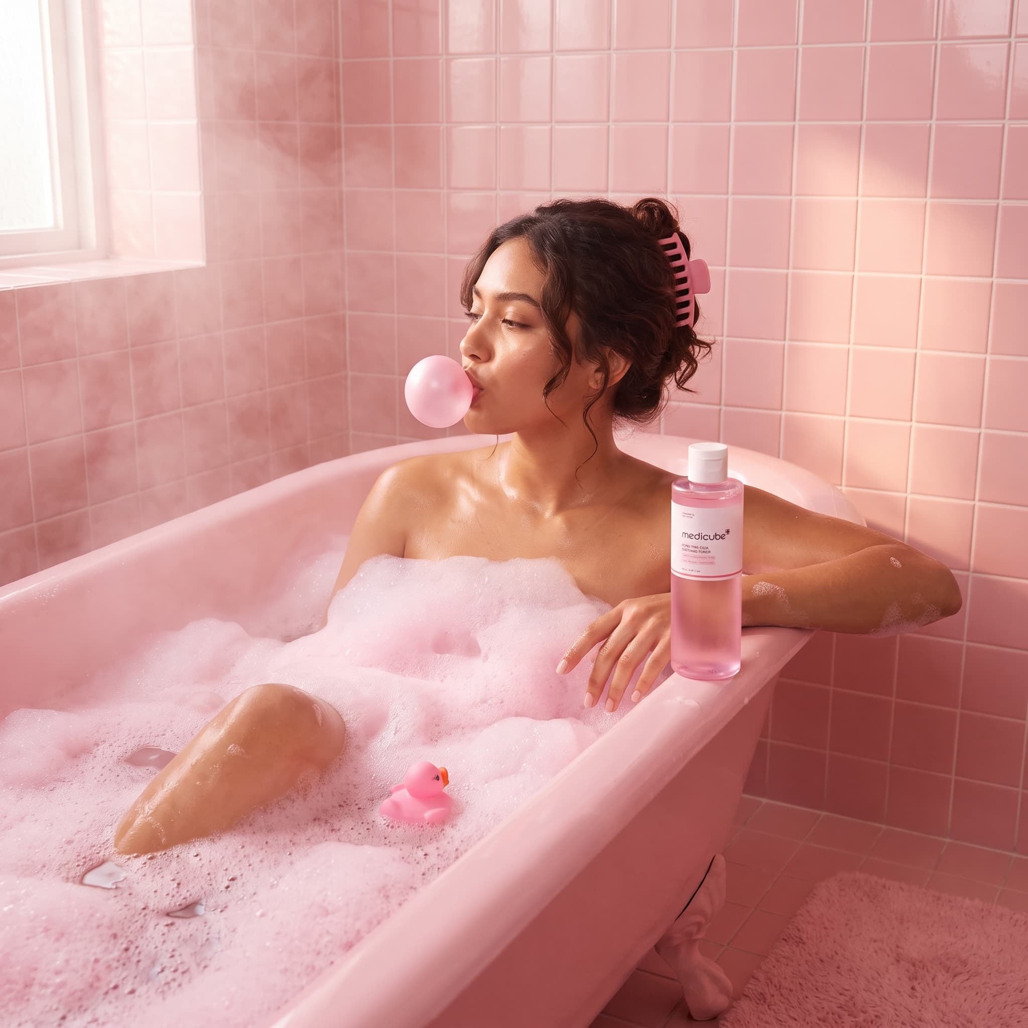 Woman blowing pink bubblegum in a pink clawfoot bathtub with the toner bottle on the rim, made with Nano Banana Pro