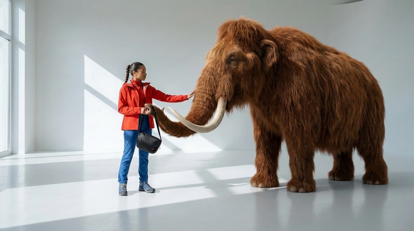 First delivery frame with a woolly mammoth handing a black bag to the woman, made with Nano Banana Pro