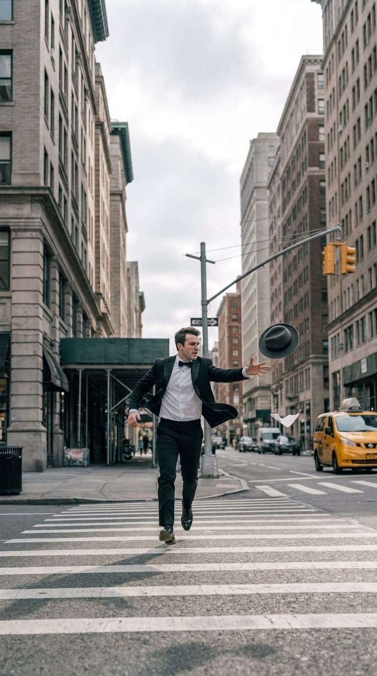 Man in a black tuxedo reaching for a normal-sized fedora on a wide overcast street, made with Nano Banana Pro