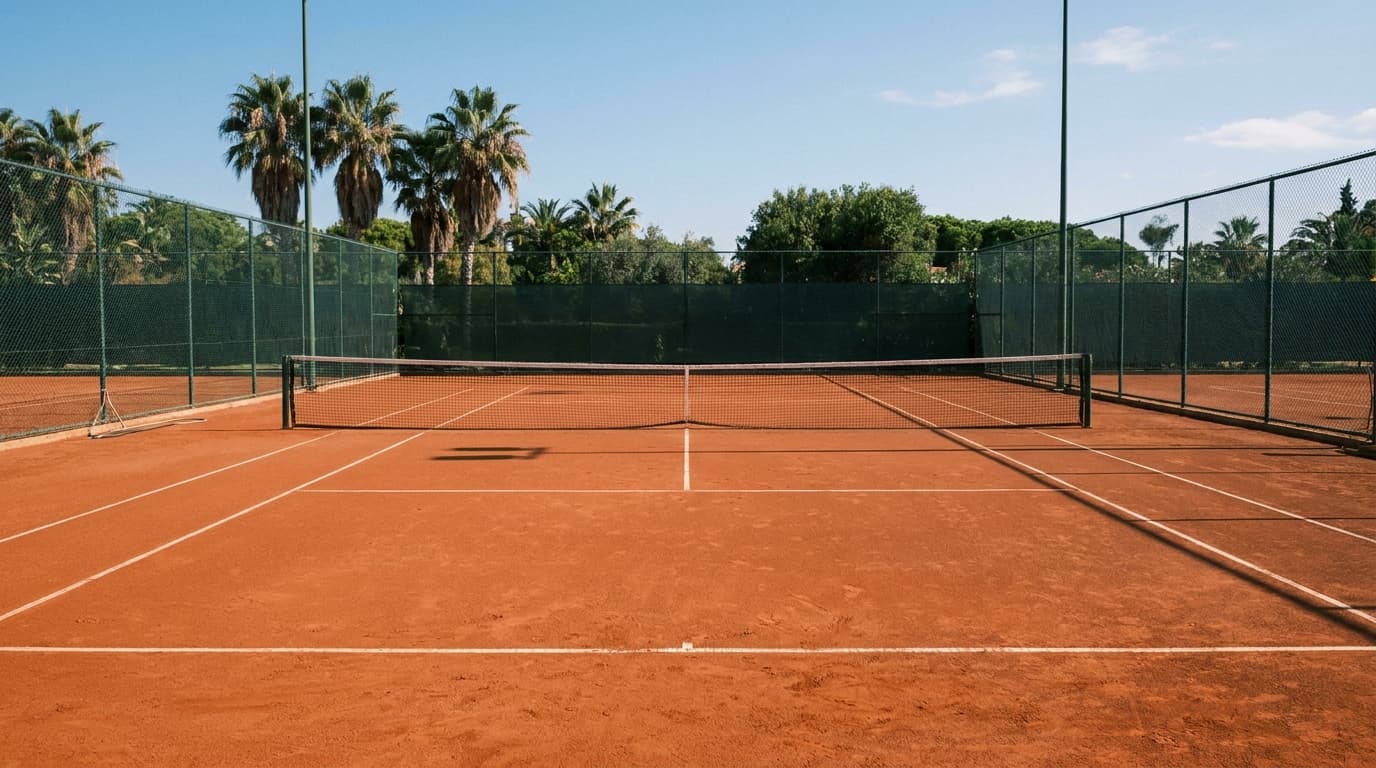 An empty red clay tennis court with a green fence and palm trees, made with Nano Banana Pro