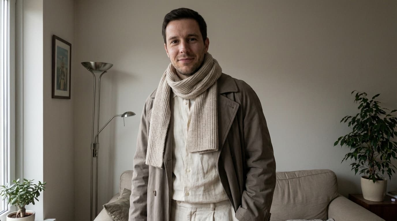 A plain phone-style snapshot of a man in a beige trench coat and scarf, standing in a living room, made with Nano Banana Pro