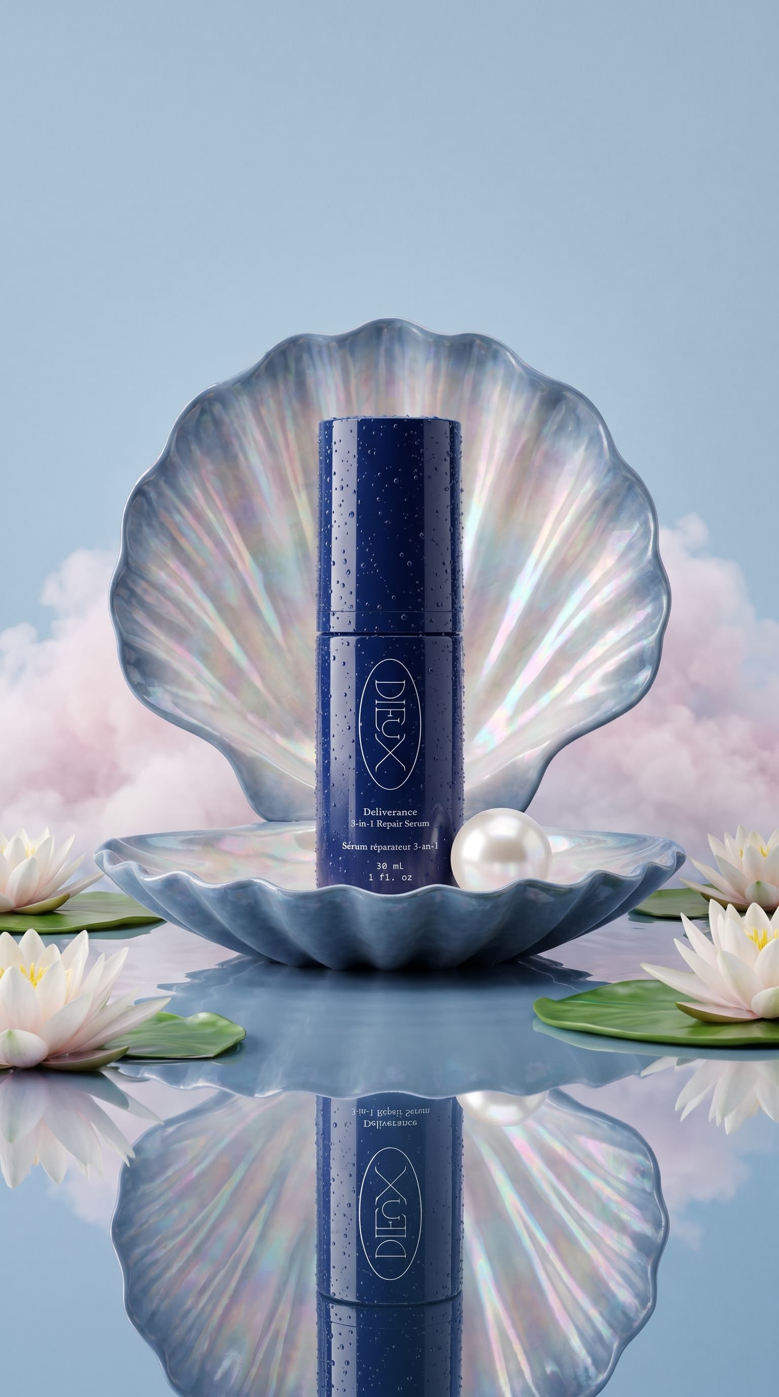 Navy serum bottle standing in an iridescent open scallop shell with a pearl and water lilies, mirrored in water, made with Nano Banana Pro