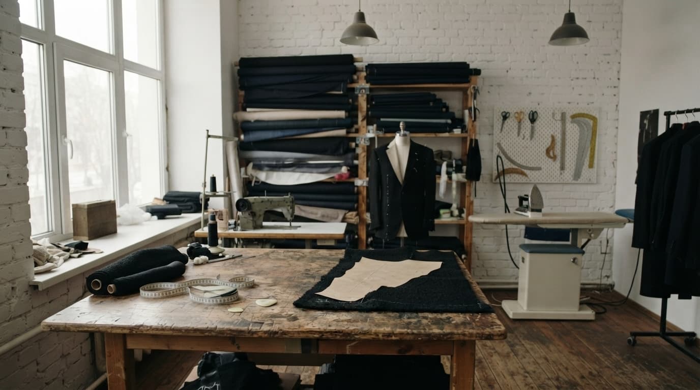 Empty tailor's workroom with a cutting table, shelves of cloth and a dress form, made with Nano Banana 2 Lite