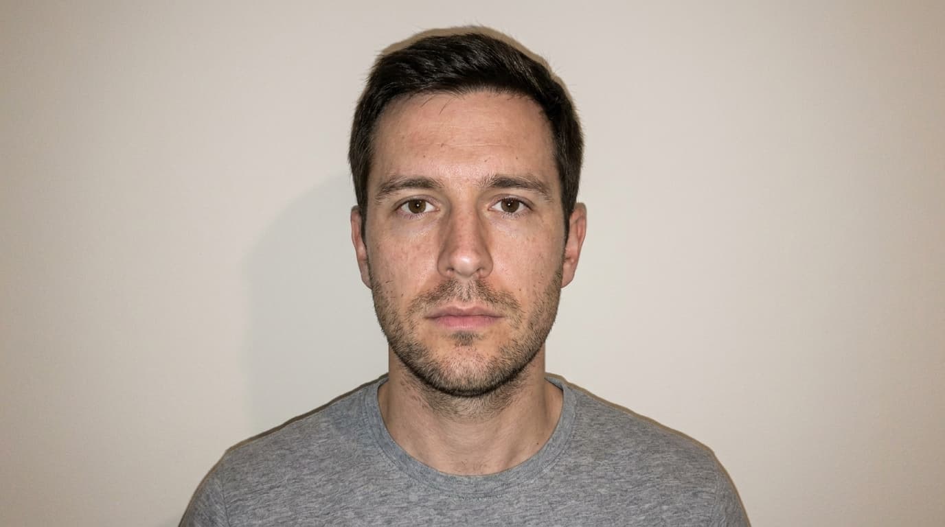 A plain phone snapshot of a man in a grey t-shirt against a bare wall, harsh flash, made with Nano Banana Pro