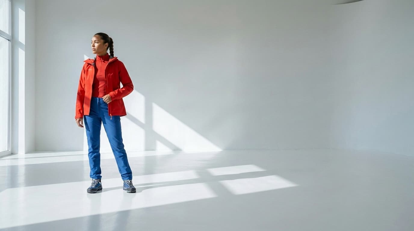 Woman in a red shell jacket and cobalt trousers, close to camera in a white studio, made with Nano Banana Pro