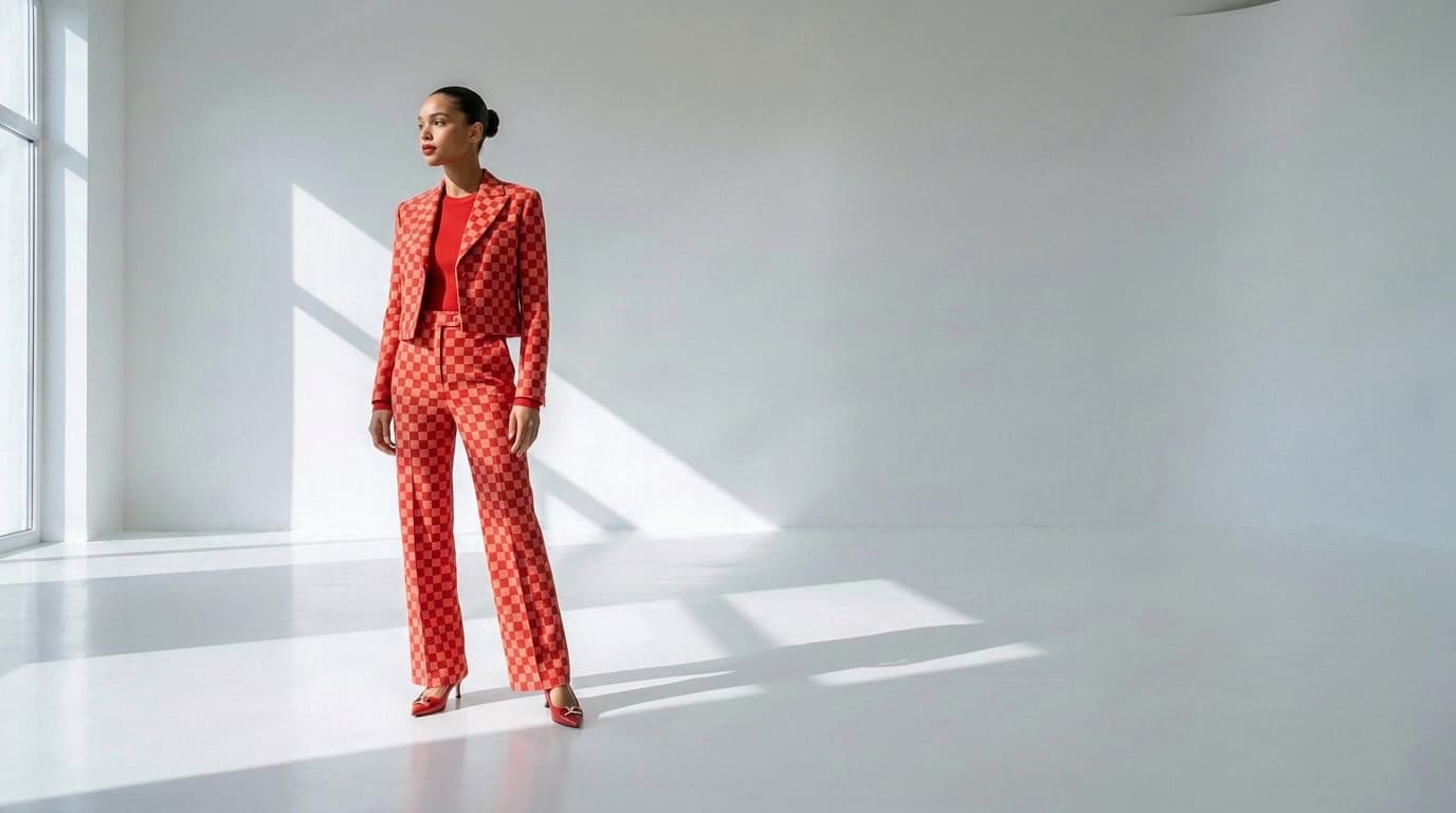 Woman in a red checkerboard suit standing in a sunlit white studio, made with Nano Banana Pro
