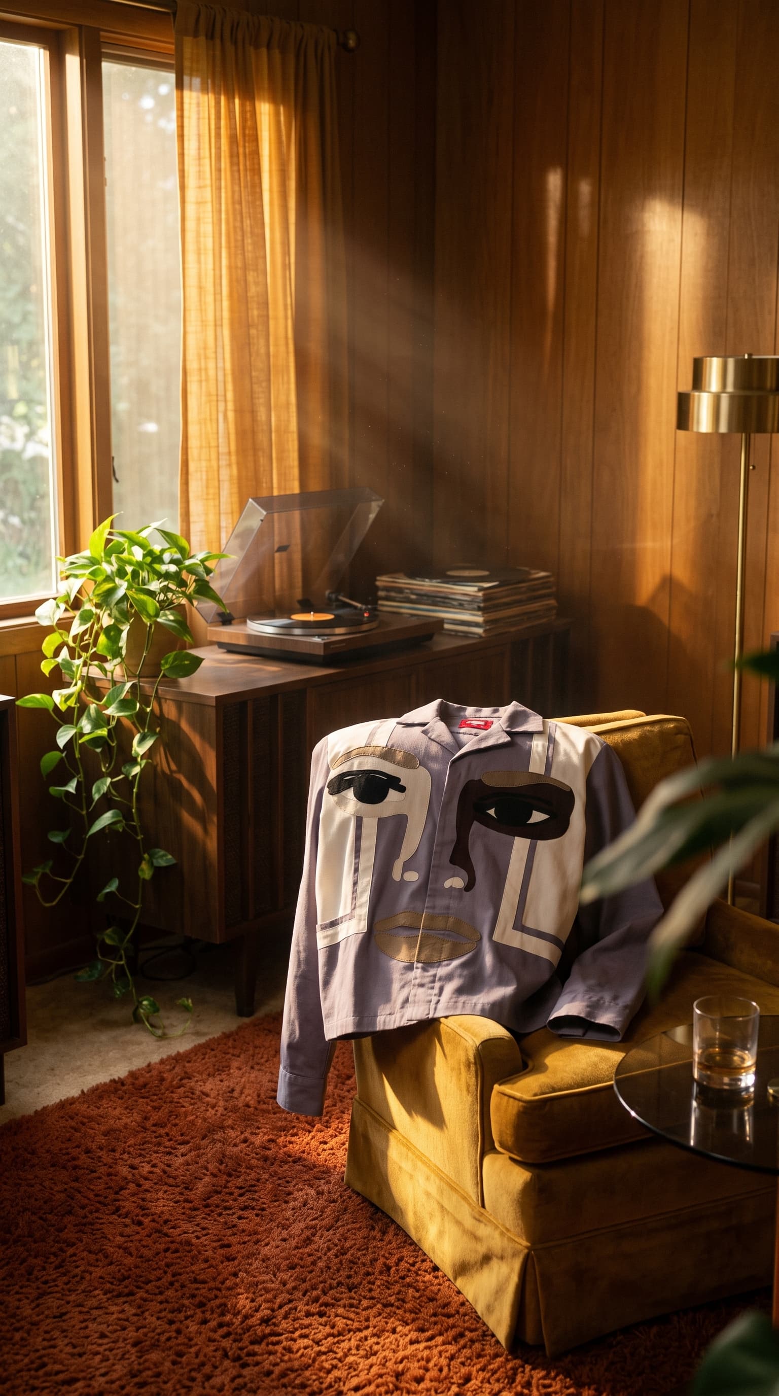 Face jacket draped over a mustard velvet armchair in a sunlit 1970s living room, made with gemini