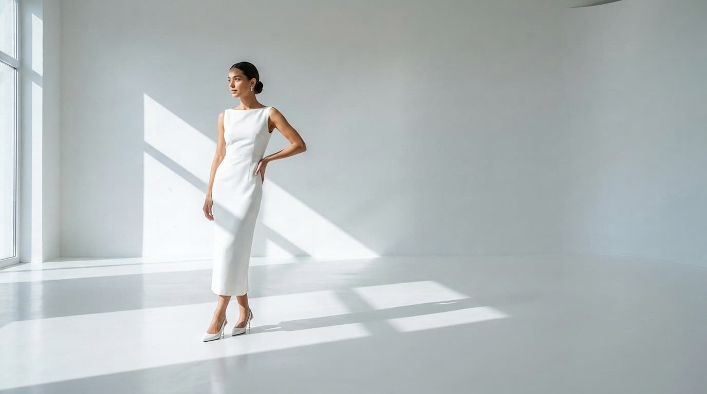 Woman in a white sleeveless dress posing with a hand on her hip in a white studio, made with Nano Banana Pro