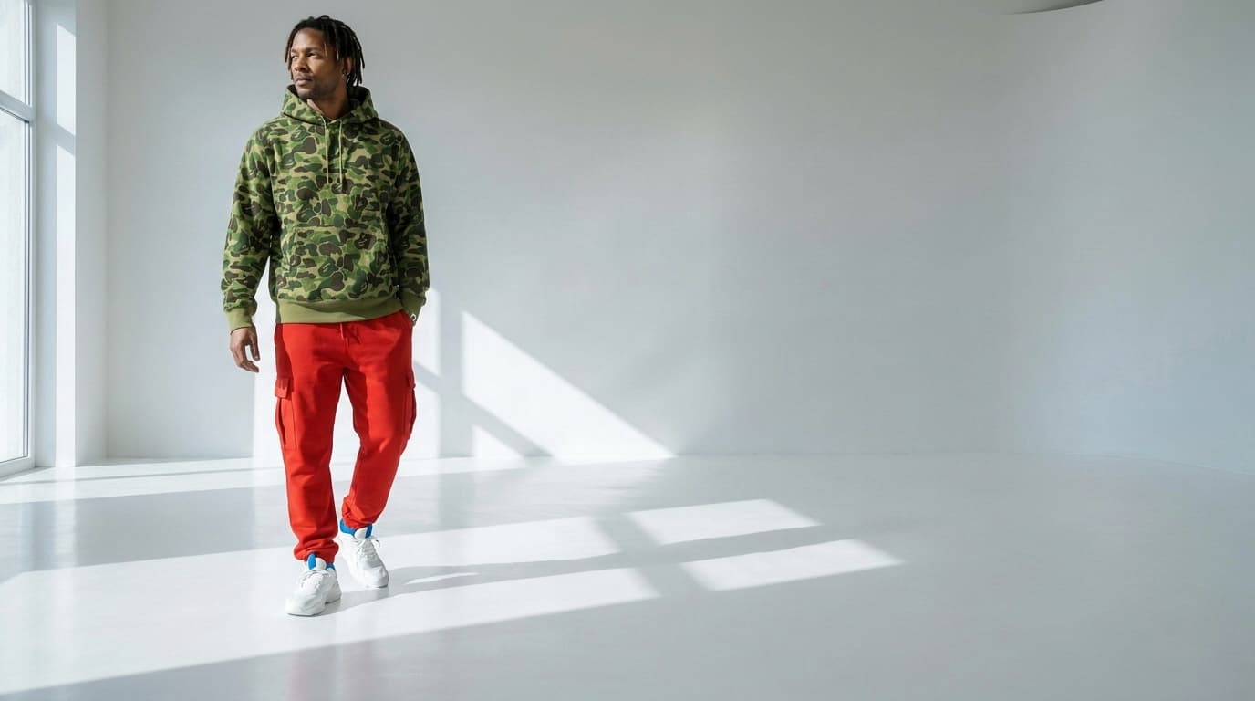 Man in a green camo hoodie and red cargo track pants standing in a white studio, made with Nano Banana Pro