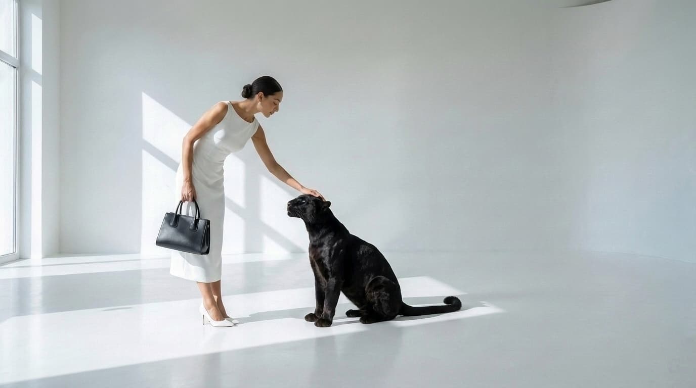 Woman in white on the left holding a black handbag and petting a black puma seated on the right, made with Nano Banana Pro
