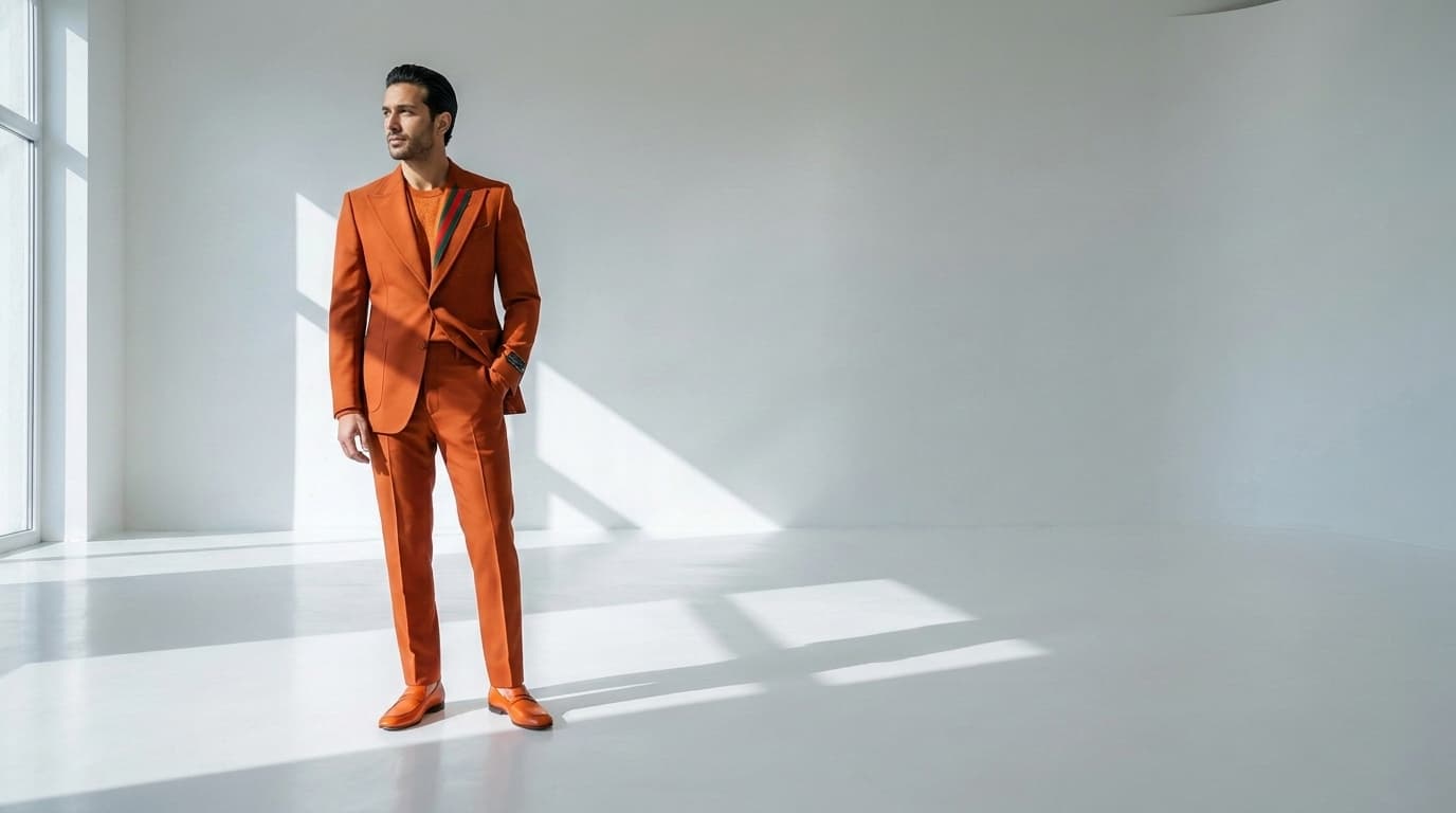 Man in a burnt-orange suit standing close to camera in a white studio, made with Nano Banana Pro