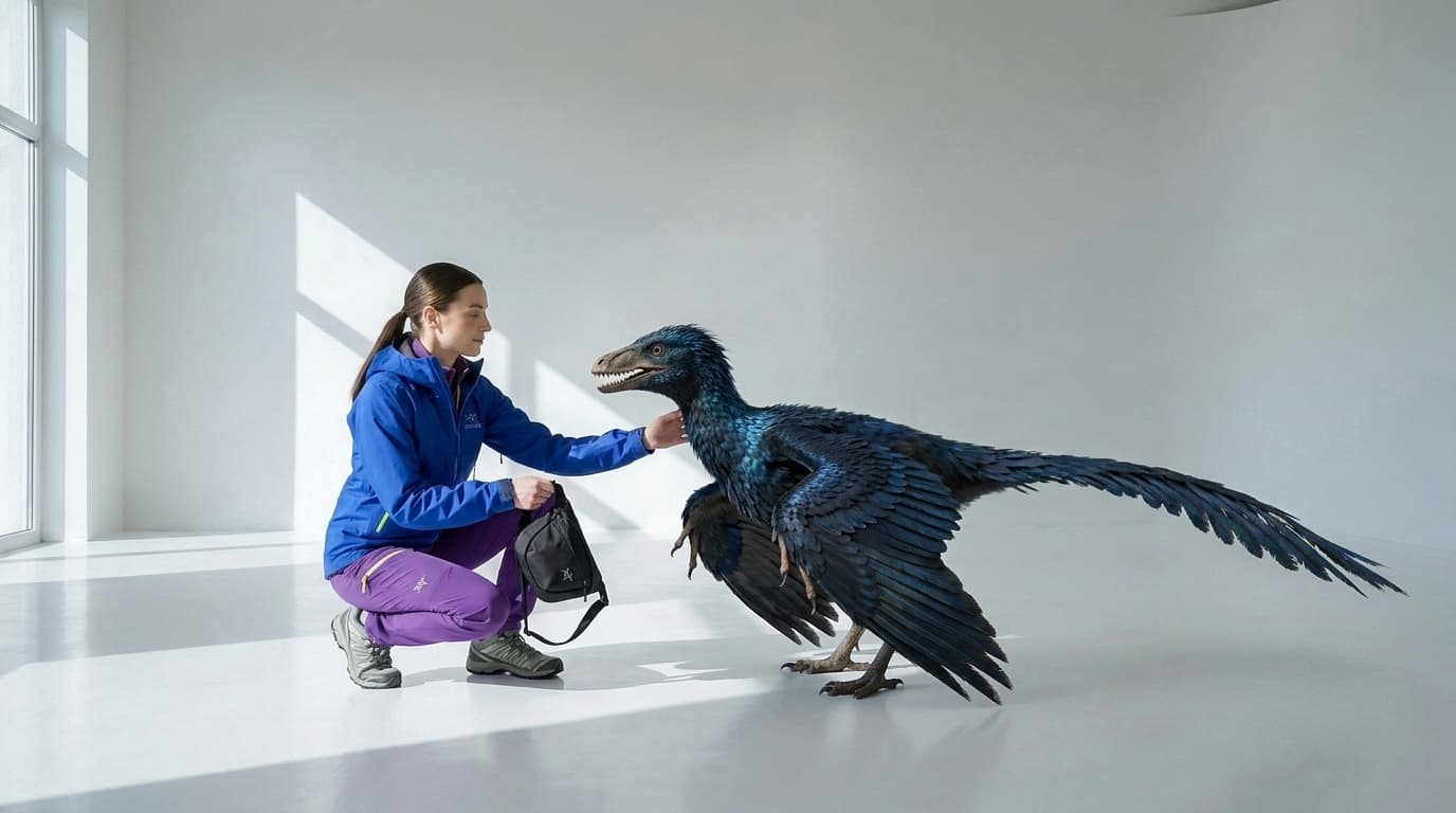 Feathered Archaeopteryx handing a black sling bag to a crouching woman in blue and purple, made with Nano Banana Pro