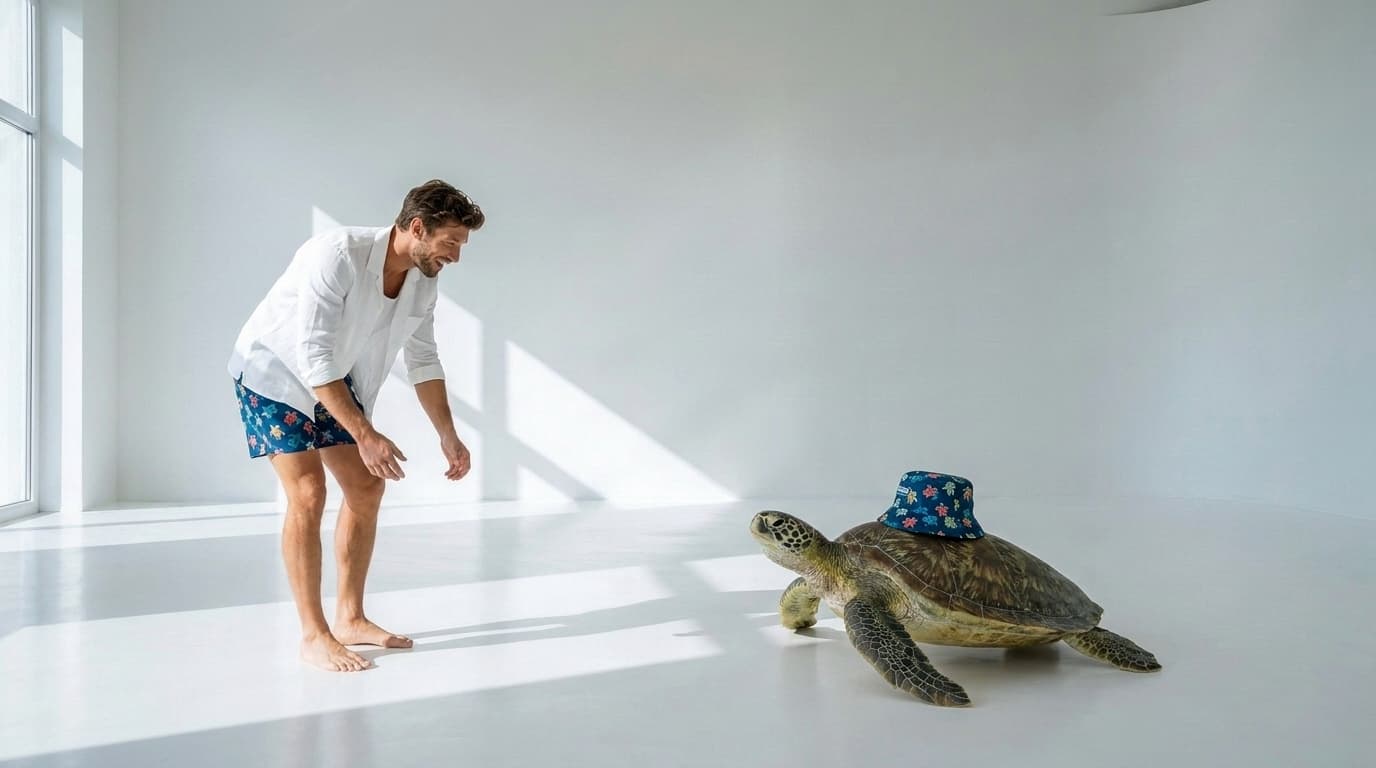 Green sea turtle with a turtle-print bucket hat on its shell beside a man in swim trunks, made with Nano Banana Pro