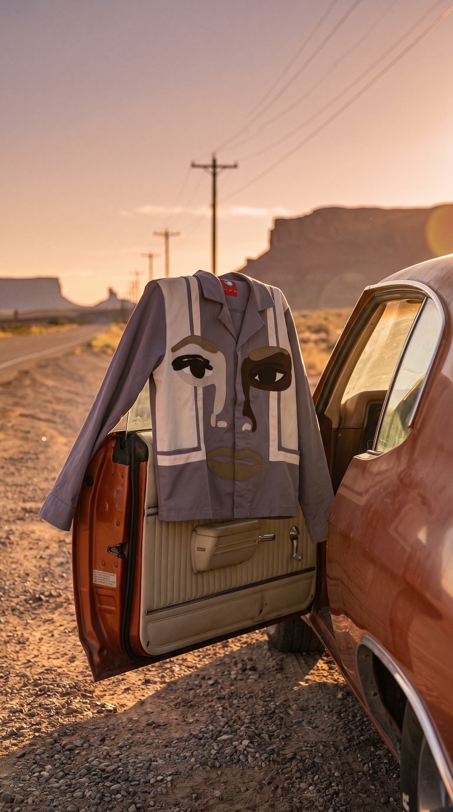Face jacket slung over the open door of a rust-orange coupe on a desert highway at sunset, made with gemini