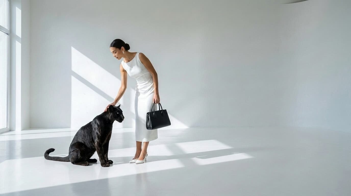 First pass: woman in white petting a seated black puma beside her, holding a black handbag, made with Nano Banana Pro
