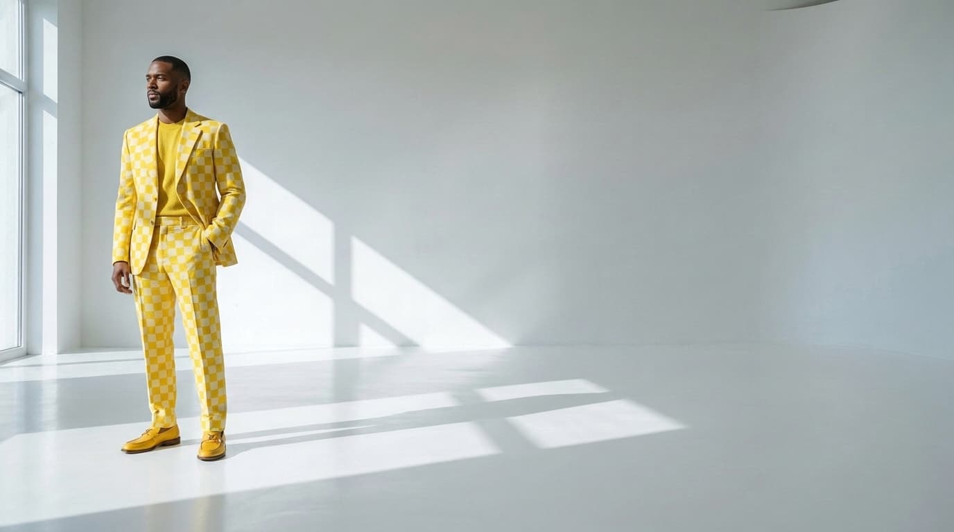 Man in a bright yellow check suit and yellow shoes posing in a white studio, made with Nano Banana Pro
