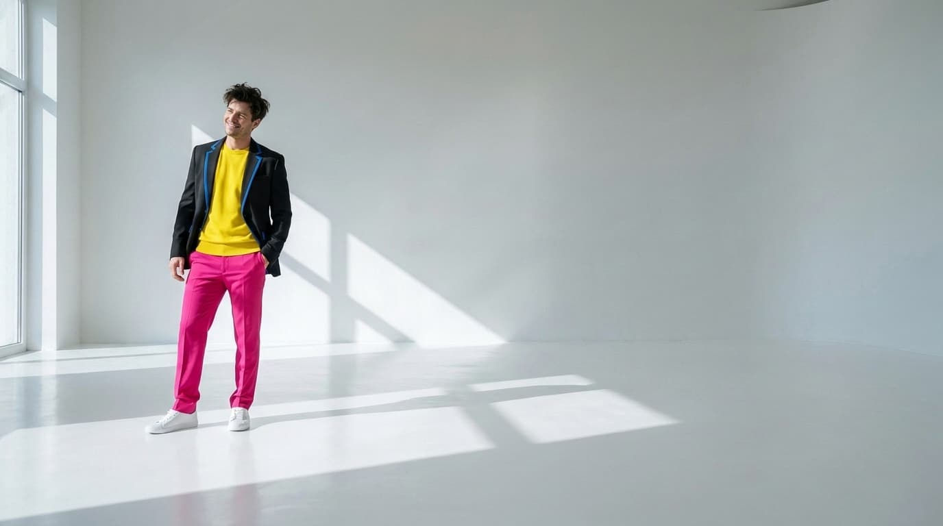 Man in a yellow top, hot-pink trousers and black blazer standing in a white studio, made with Nano Banana Pro