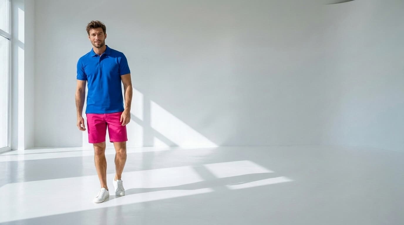 Man in a royal-blue polo and magenta shorts standing in a white studio, made with Nano Banana Pro