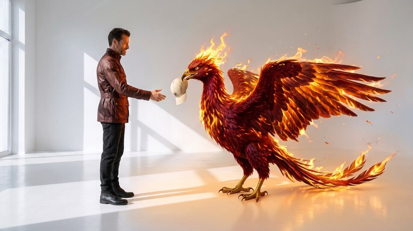 Phoenix made of flame handing a cream cap to a man in an oxblood jacket, made with Nano Banana Pro