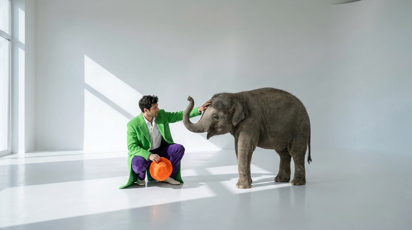 Man in a green coat crouching with an orange bucket hat, stroking a young elephant, made with Nano Banana Pro