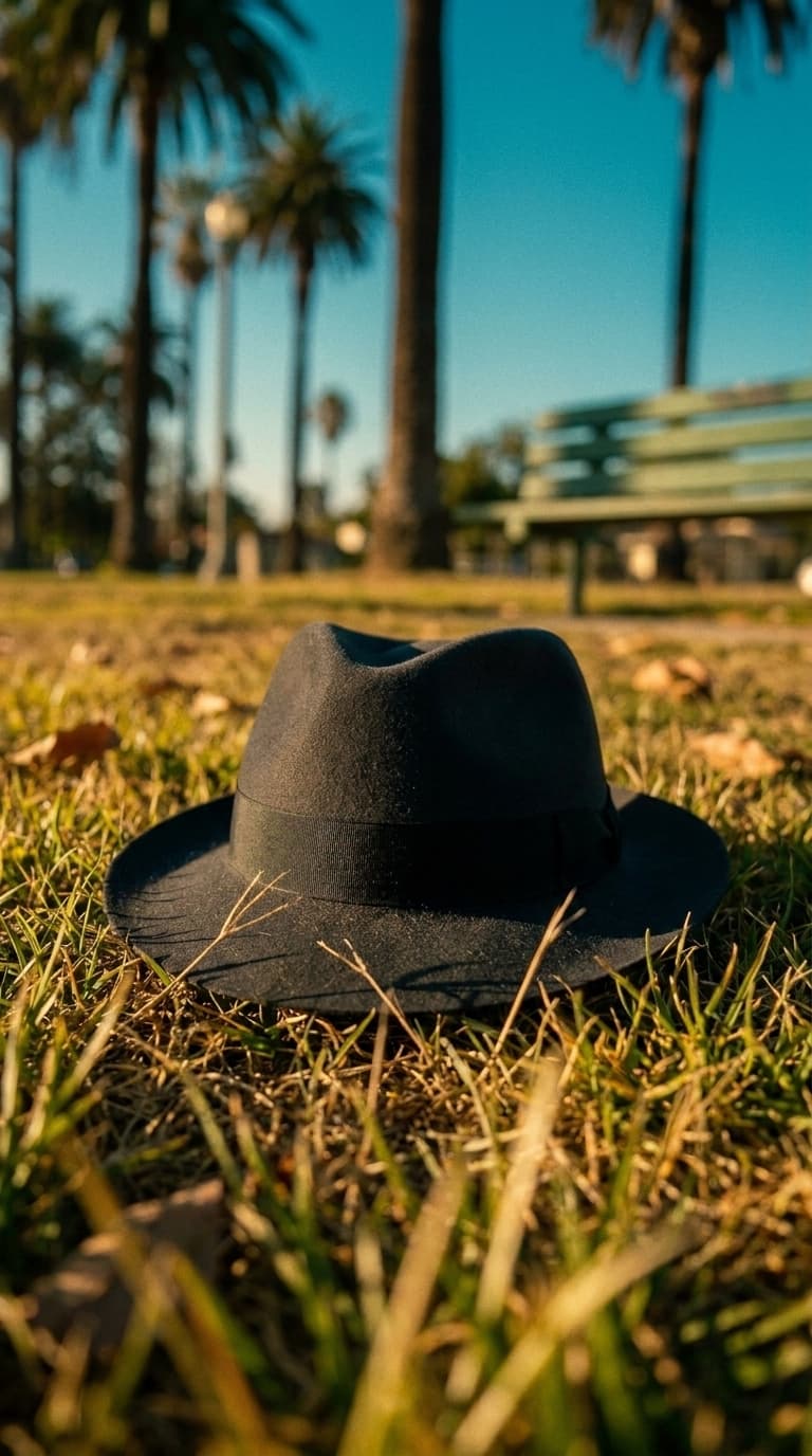 Ground-level close-up of a black fedora lying in park grass with palm trees behind, made with Nano Banana Pro