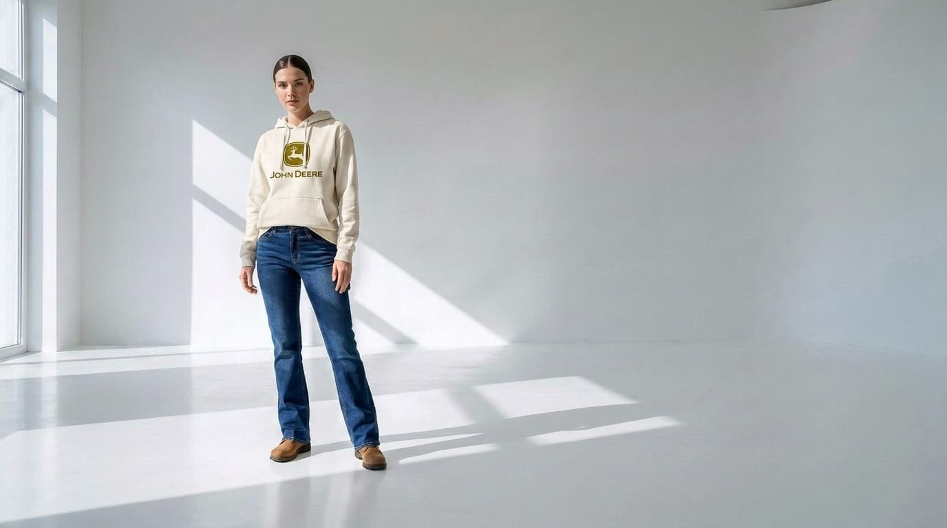 Woman in a cream John Deere hoodie and bootcut jeans standing in a white studio, made with Nano Banana Pro