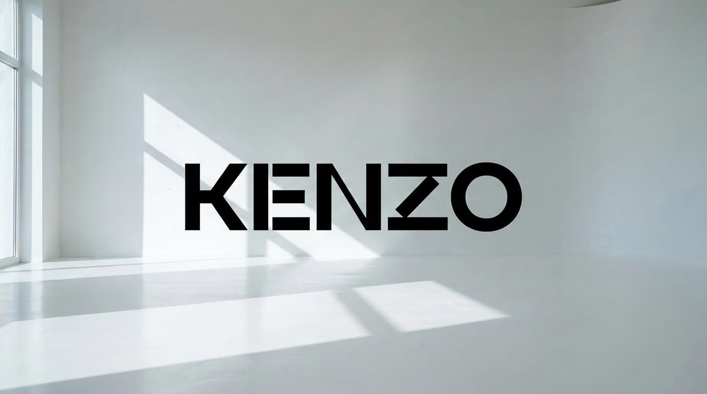 Empty white studio with the black KENZO wordmark on the wall, made with Nano Banana Pro