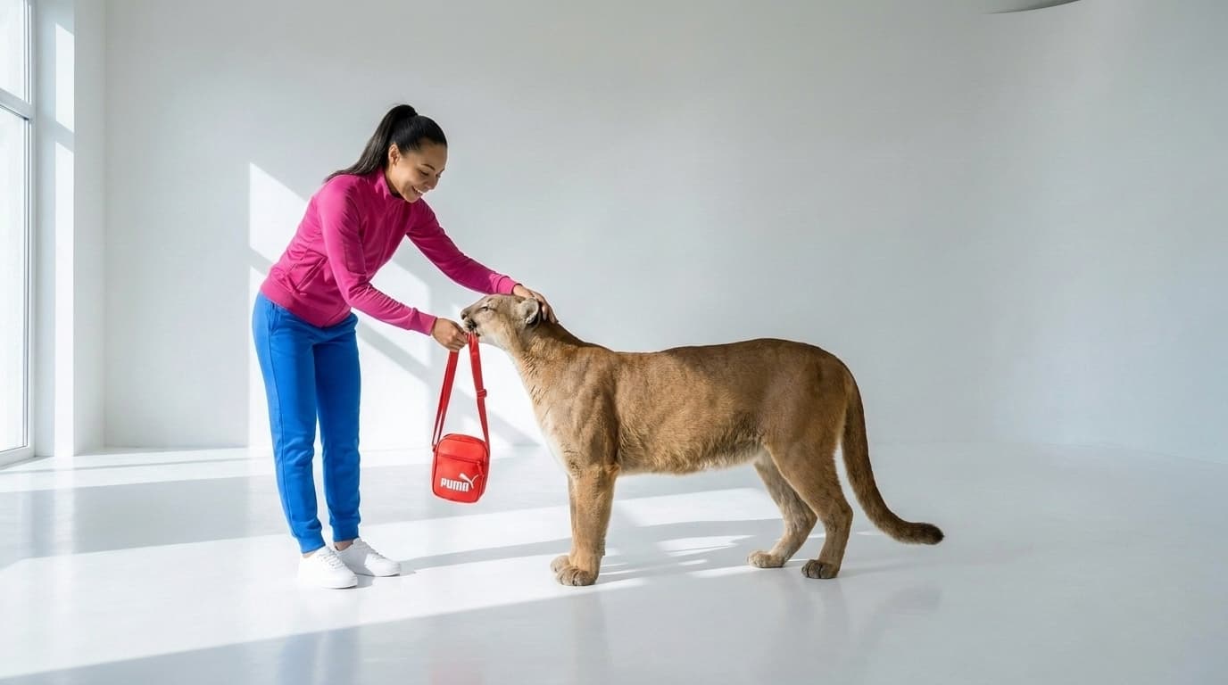 Cougar offering a red crossbody bag while the woman takes it and pets its head, made with Nano Banana Pro