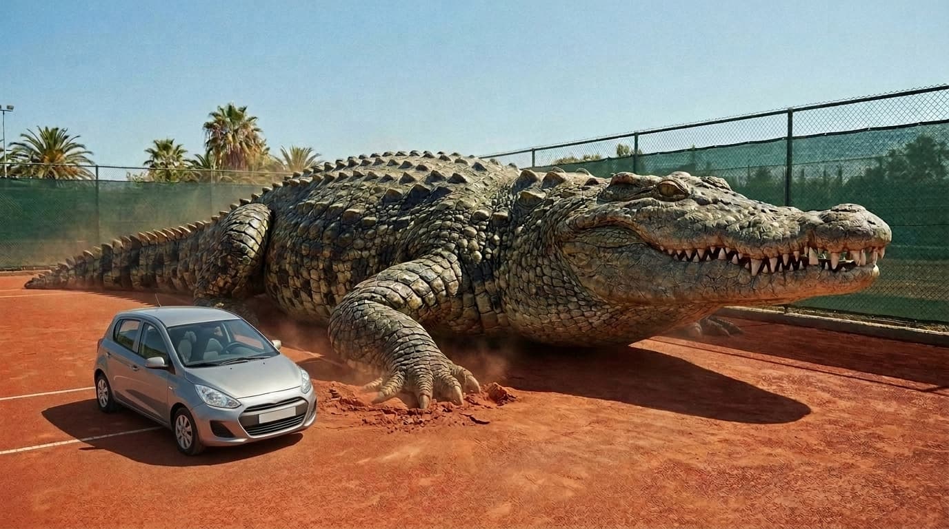 A giant crocodile next to a small car on a tennis court, showing its size, made with Nano Banana Pro