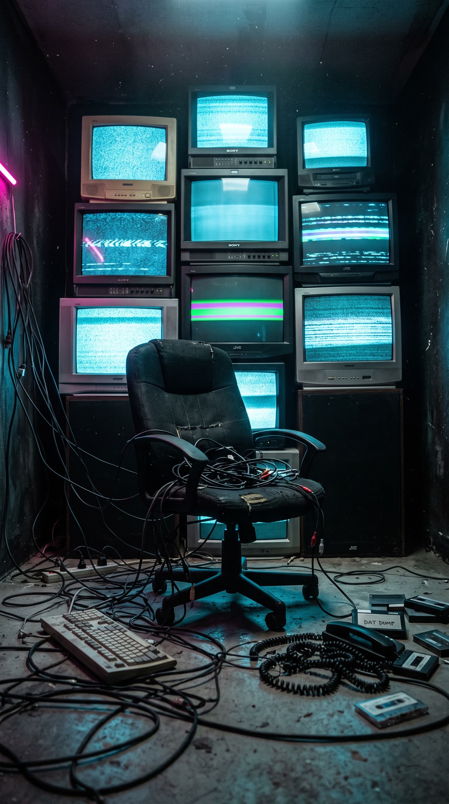 Empty office chair tangled in cables in front of a wall of static CRT TVs, made with gemini