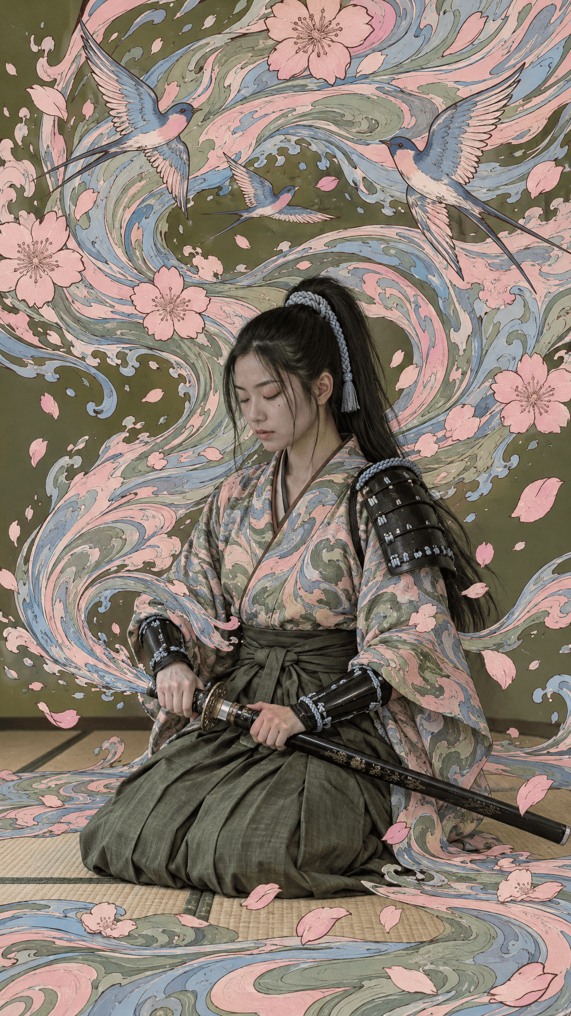 Mixed-media collage of a samurai surrounded by hand-drawn ribbons, made with GPT Image 2.5